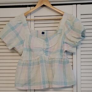 Old Navy Gingham Pastel Puff Sleeve Top, Size XL